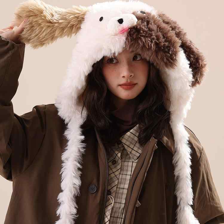帽子 レディース かわいい 小犬 アシンメトリー ファー 韓国 防寒 耳あて付き キャップ 秋冬 ぬいぐるみ
