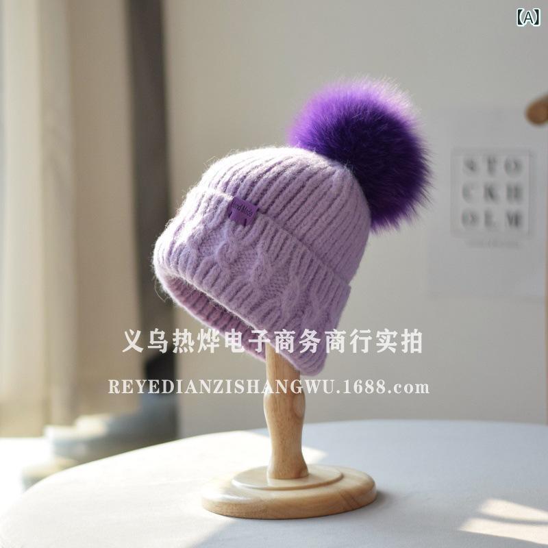 ニット帽 レディース 秋冬 防寒 保温 暖かい 小顔効果 狐毛 ボンボン付き 毛糸帽子 パープル オレンジ ピンク 宝ブルー 深グレー 浅グレー ホワイト ピンク ミントグリーン2