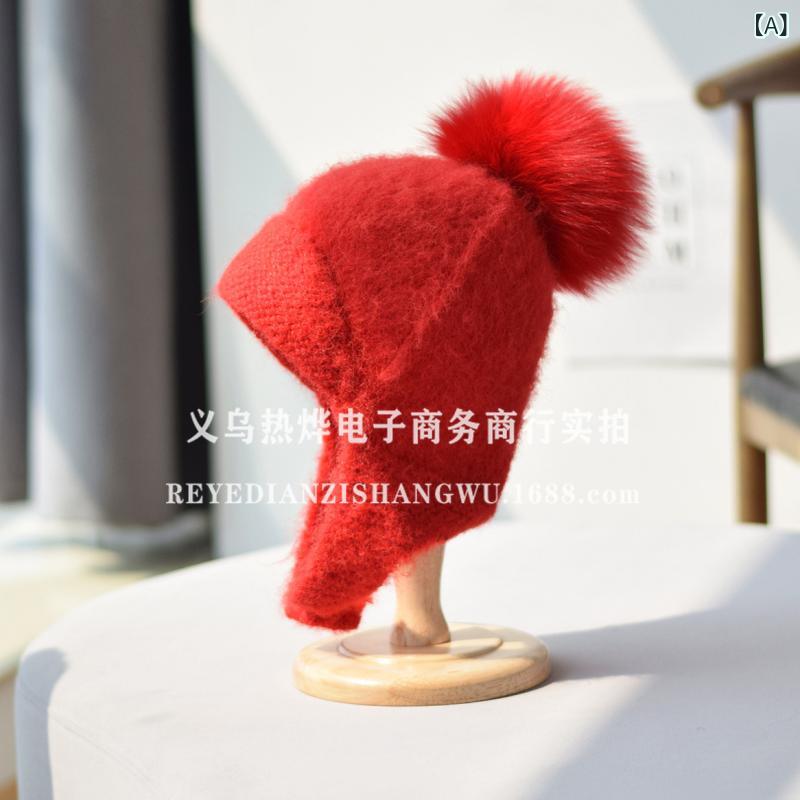 帽子 レディース 秋冬 ニット帽 狐 ウール 防寒 あったか 耳あて付き キャップ アンゴラ 赤 黒 カーキ グレー2