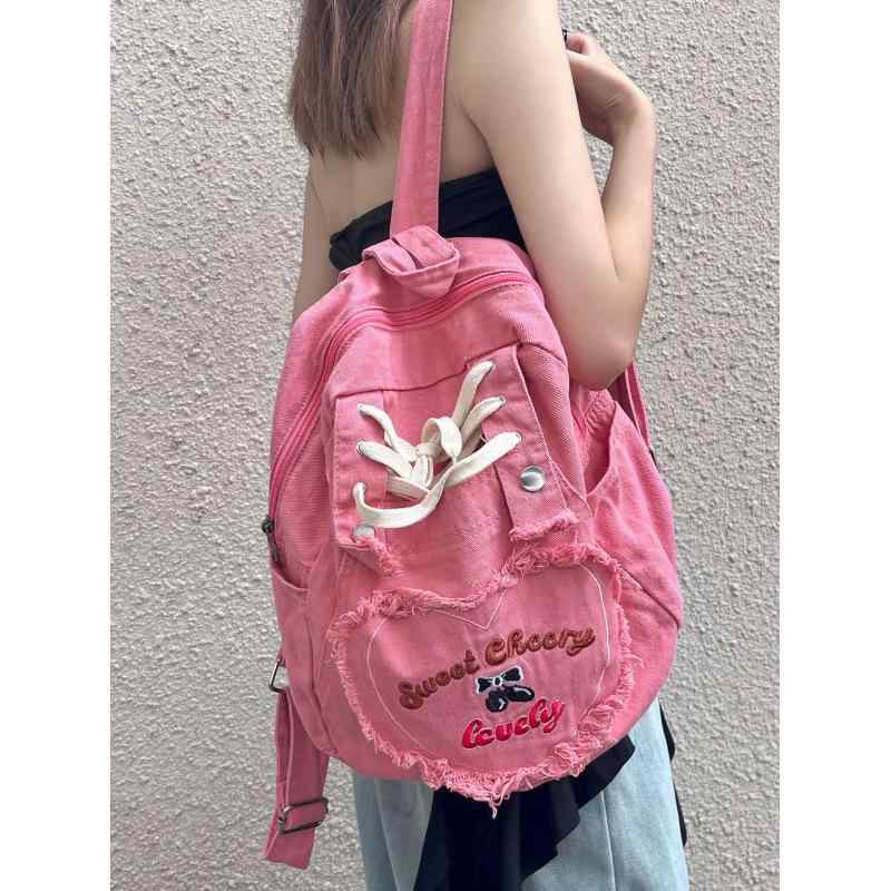 リュック レディース デニム レトロ調 かわいい ピンク系 2way ハンドバッグ ショルダーバッグ 学生 通学 大容量 耐摩耗性 減圧