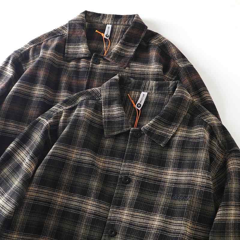 シャツ 男性用 長袖 ルーズフィット ネルシャツ 麻 リネン コーヒー色 グリーン チェック柄 日式 レトロ 春秋