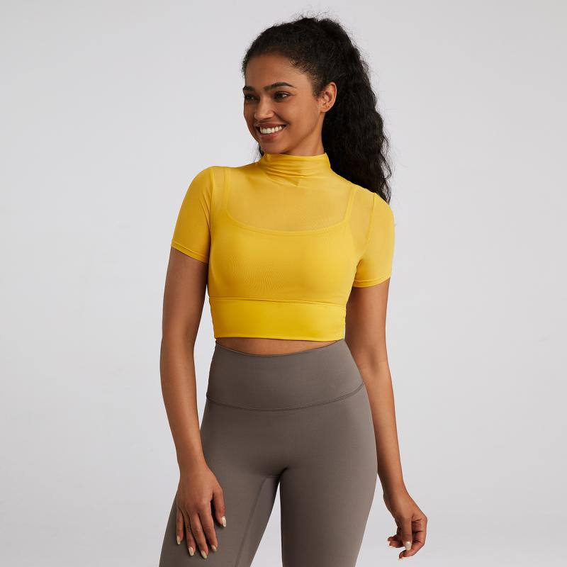 ヨガウェア レディース メッシュ 半袖 Tシャツ スポーツ トレーニング ランニング 吸湿速乾 ストレッチ 伸縮性 通気性 パープル ブラック ベージュ アイボリー