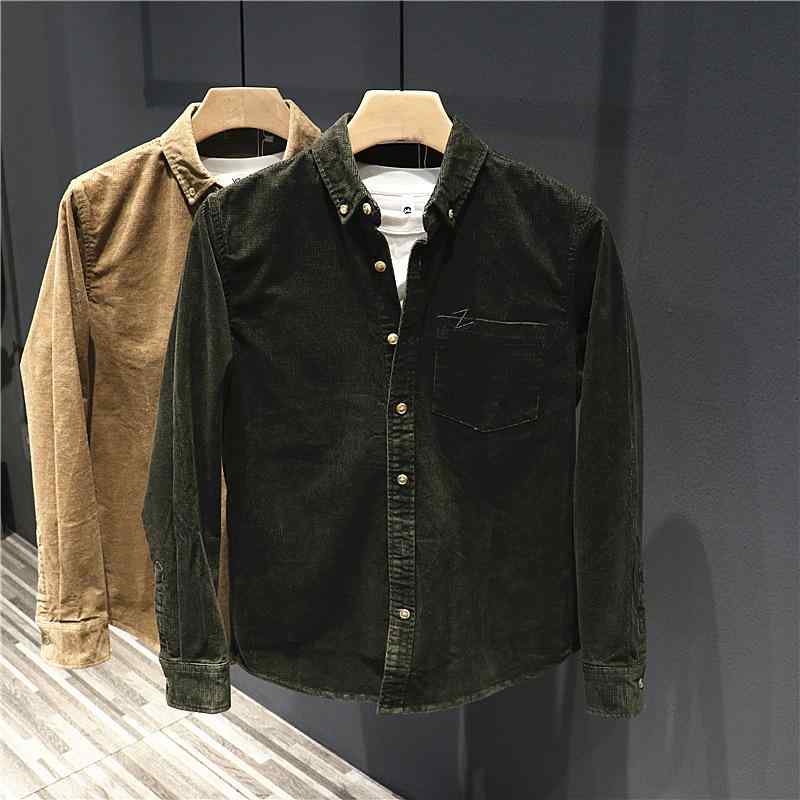 シャツ 男性用 コーデュロイ トップス レトロ調 ダークグリーン 長袖 カジュアル コットン ポケット