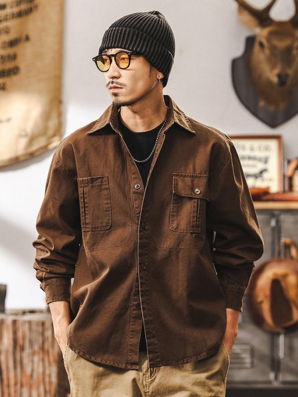 シャツ メンズ 男性用 長袖 ワークシャツ ミリタリーシャツ スタンドカラー 無地 厚手 コットン ゆったり カフェ 灰緑 アメカジ