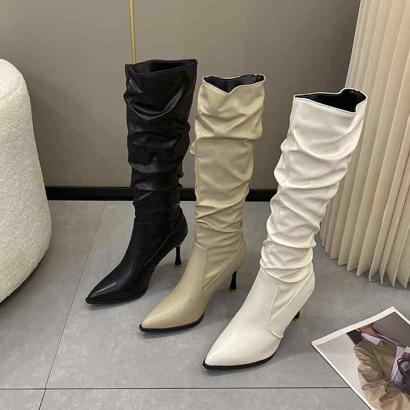 ブーツ レディース ポインテッドトゥ ハイヒール ニーハイブーツ ストレッチ スムース スエード 美脚 脚長 伸縮性 歩きやすい 履きやすい 普段使い パーティー 結婚式 二次会 春夏秋冬 ブラック 黒 アイボリー ベージュ