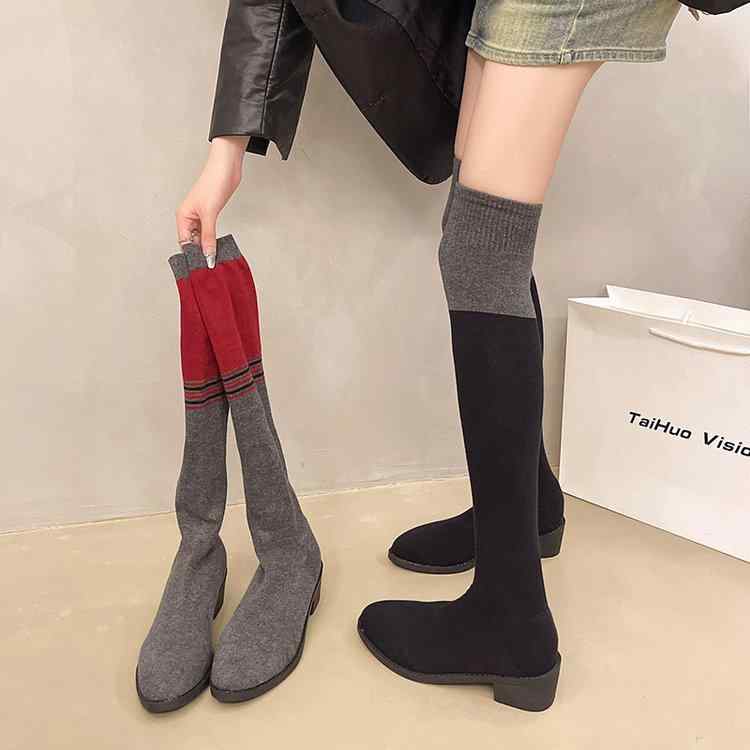 ブーツ レディース 秋冬 厚底 ニット ソックスブーツ ロングブーツ ニーハイブーツ ストレッチ ラウンドトゥ チャンキーヒール スタイルアップ 通気性 防滑 保温 レッド グレー ブラック