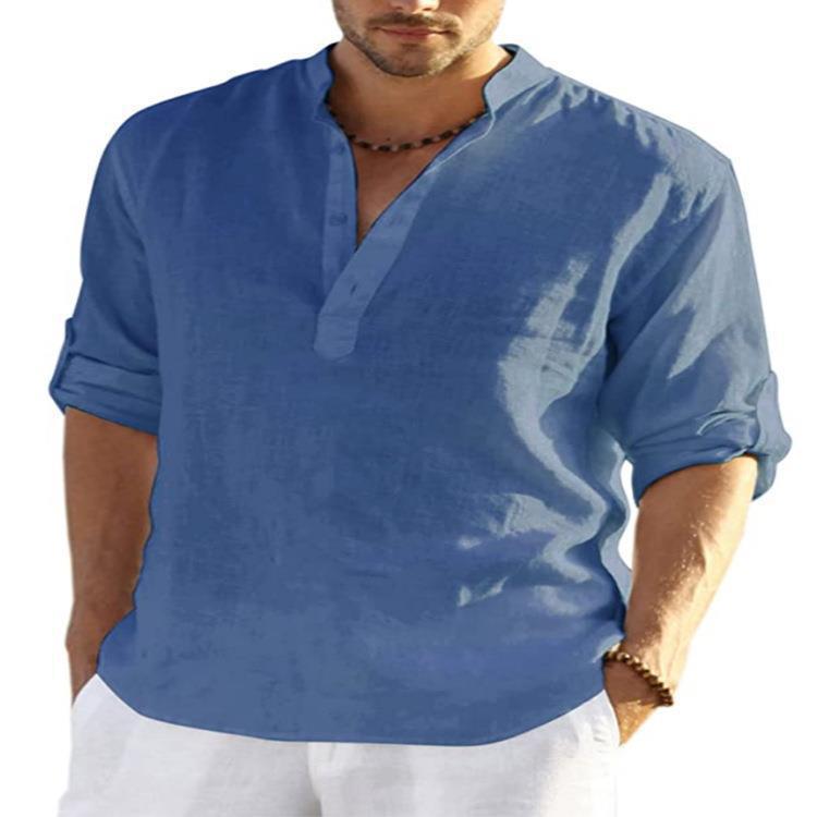 シャツ 男性用 麻混 長袖 Tシャツ コットン リネン カットソー 涼しい 快適 普段使い 白 黒 青 グレー 緑 カーキ ピンク系 ブルー2