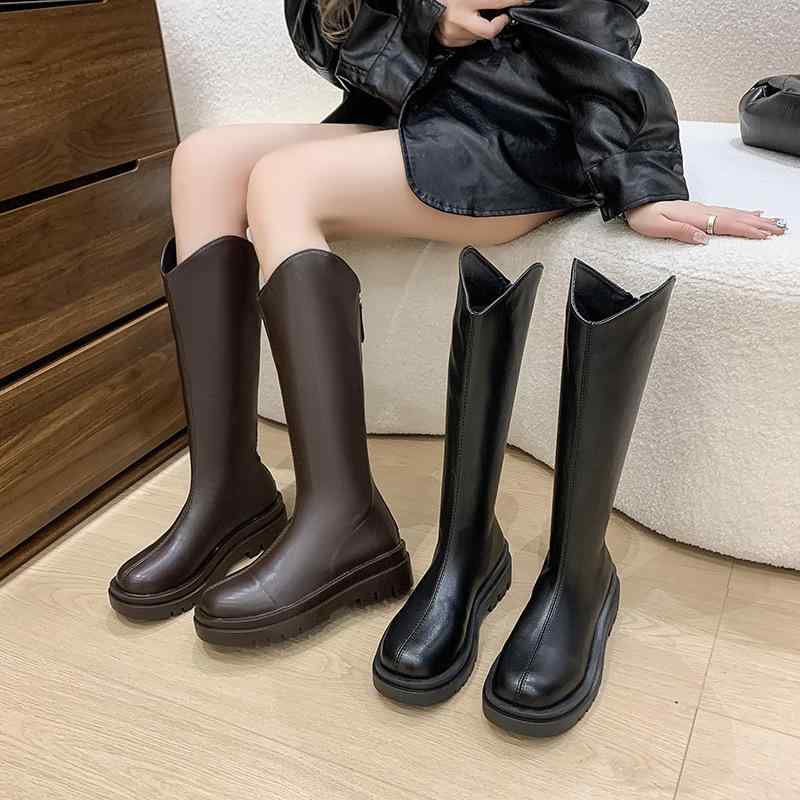 ブーツ レディース 秋冬 ローヒール 厚底 チャンキーヒール ロングブーツ 膝下 ゆったり ワイド筒 太め 履き口 ふくらはぎ ジョッキーブーツ カジュアル 歩きやすい 痛くない ラウンドトゥ 疲れにくい 黒 茶色