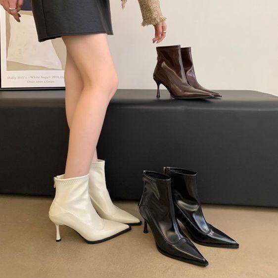 ショートブーツ レディース ポインテッドトゥ ハイヒール 6cm 7cm 8cm 丈 レザー 合皮 スムース スエード カジュアル きれいめ 美脚 歩きやすい 痛くない 柔らかい 履きやすい 黒 ブラック 茶色 ブラウン 秋冬