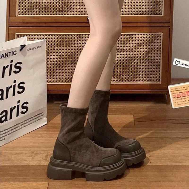 ブーツ レディース 男性用 ショートブーツ 厚底 チャンキーヒール スエード調 ラウンドトゥ 秋冬 暖かい 伸縮性 ストレッチ 普段使い 婦人靴
