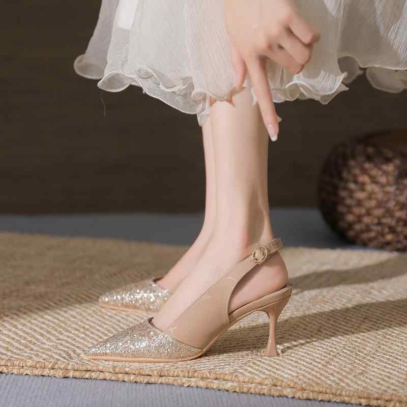サンダル レディース ポインテッドトゥ バックストラップ 超繊維 チャンキーヒール ミドルヒール 5cm 7cm ブラック ベージュ かわいい 歩きやすい 履きやすい デート パーティー