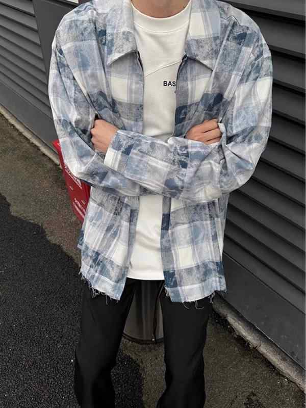 シャツ 男性用 レトロ 格子柄 ジップアップ トップス 長袖 普段使い フランネル 接触冷感 部屋着 ブルー