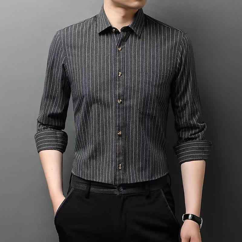 シャツ 男性用 長袖 コットン ストライプ トップス 春秋 ネルシャツ ビジネス カジュアル 紳士服 通気性 耐摩耗 吸湿速乾 グレー系 ブルーストライプ グリーンストライプ2