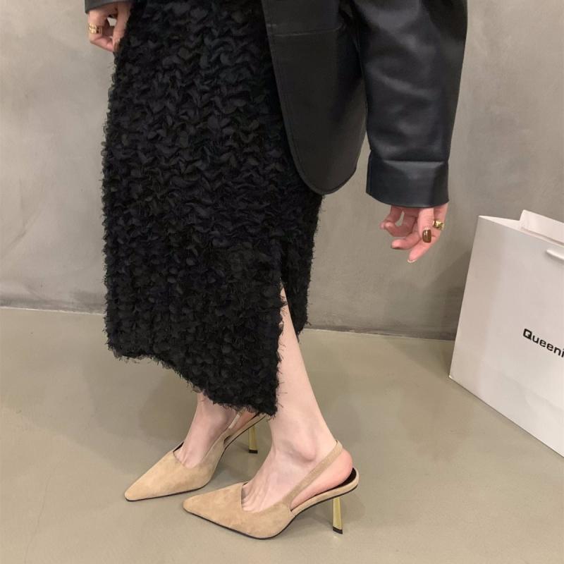 サンダル レディース 春夏 ポインテッドトゥ ハイヒール バックストラップ スエード調 杏色 黒色 婦人靴 お洒落 きれいめ かわいい 歩きやすい
