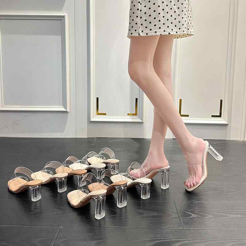 サンダル レディース ハイヒール ミュール クリア 透明 一文字 ストラップ チャンキーヒール スケルトン 5cm 7cm 9cm カジュアル 歩きやすい 痛くない 春夏