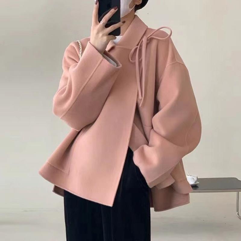 コート レディース 秋冬 小柄 かわいい ガーリー フェミニン アウター ウール ショート丈 襟付き ????蝶結び パステルカラー ピンク系 キャメル2