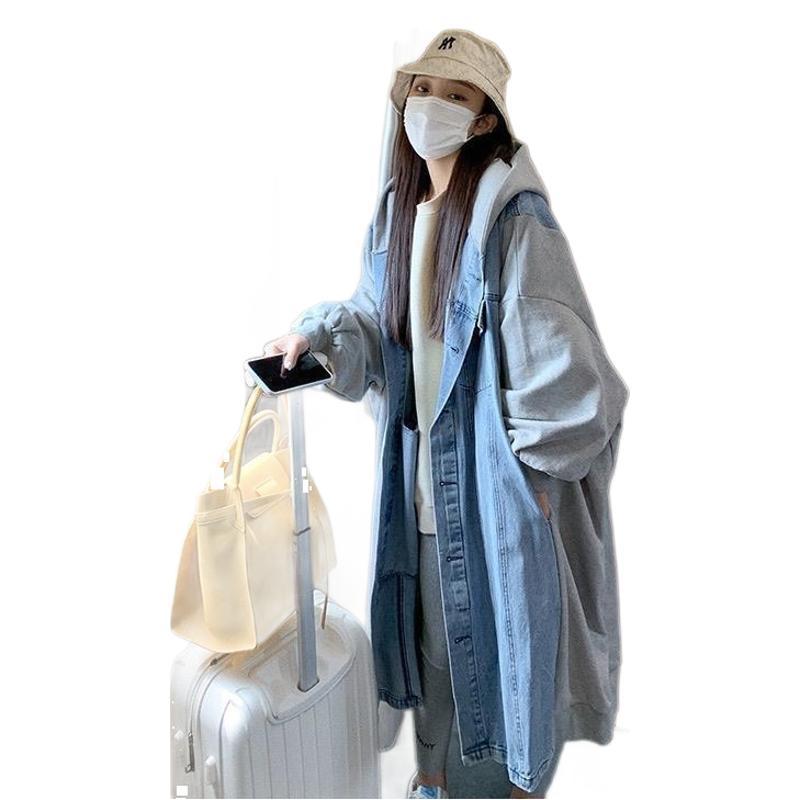 デニムジャケット レディース ゆったり フード付き ミドル丈 アウター 切り替え カジュアル 秋冬 ブルー2