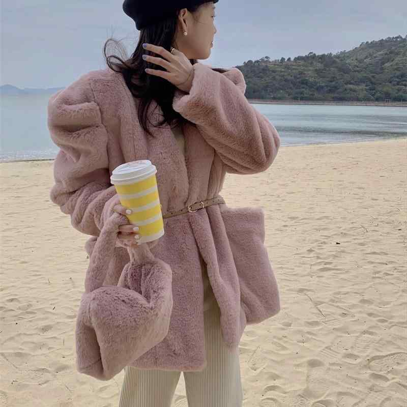 コート レディース 秋冬 韓国風 レトロ 真兎毛 アウター 女性用 泡泡袖 きれいめ エレガント オフホワイト ピンク系｜ブリルビ