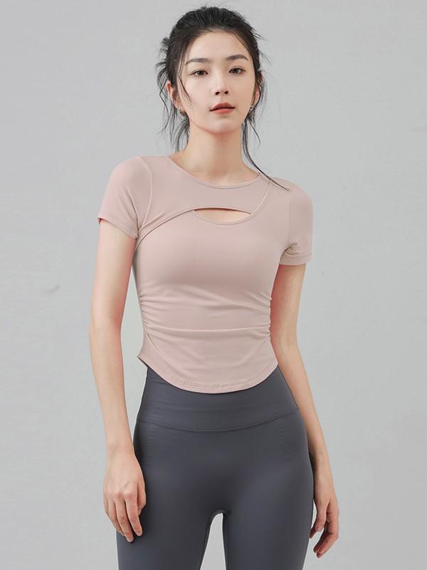ヨガウェア レディース 半袖 Tシャツ カップ付き スリム スポーツトップス アウトドア ランニング トレーニング 吸湿速乾 裸ピンク 米白 天ブルー 黒