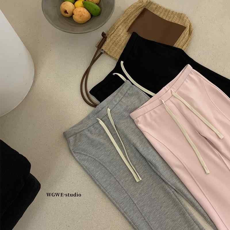カジュアルパンツ レディース ローライズ 配色 ドローストリング リラックスパンツ コットン ストレートパンツ ロングパンツ ピンク系 グレー ブラック S M 伸縮性 通勤｜ブリルビ