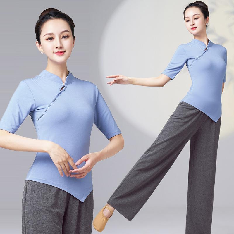 ダンス 衣装 レディース チャイナドレス風 トップス 練習着 ワイドレッグ ストレート ポケット パンツ セット モダール 春夏 秋 民族ダンス 舞台2