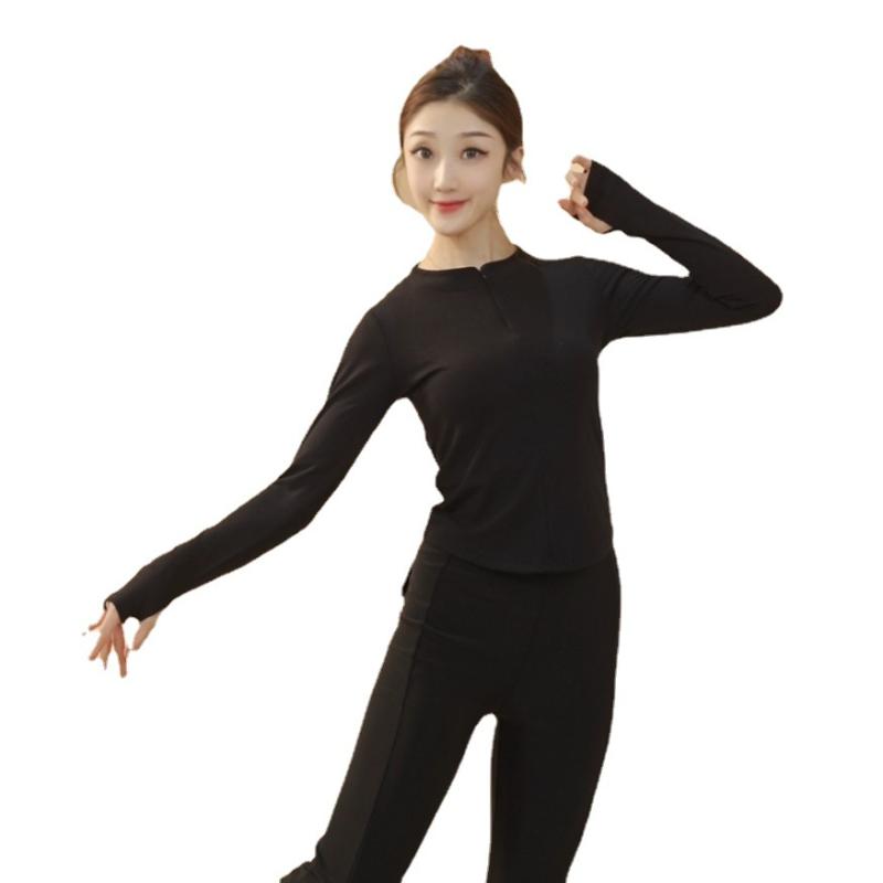 ダンス トップス レディース 中国舞踊 レッスン着 秋冬用 スリムフィット 体型カバー 練習着 ラテンダンス ウェア 綿 92％ 伸縮性 ストレッチ 普段使い 部屋着 ブラック オリーブグリーン 杏色 パープル グレー ブルー