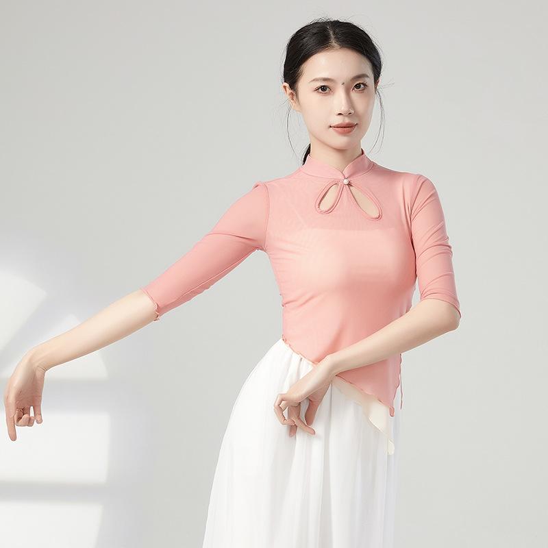 ダンス トップス レディース 練習着 ストレッチ メッシュ 中国風 ショート丈 チャイナドレス 豆沙紅 アイスブルー パープル 玉グリーン 民族舞踊 ラテンダンス バレエ ヨガ2