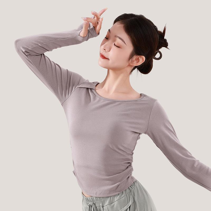 ダンス 衣装 レディース 練習着 トップス クラシック 現代舞踊 体操服 ヨガウェア レッスン着痩せ見え 豪華感 ポリエステル 無地 春秋冬 蒼野緑 墨玉黒 薄霧粉 茶杏染2
