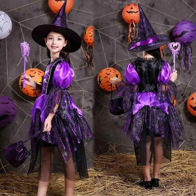 子供 ハロウィン コスチューム 女の子 魔女 ワンピース ドレス キッズ 仮装 発表会 舞台 演出 民族衣装 網紗 聚??? 黒紫色