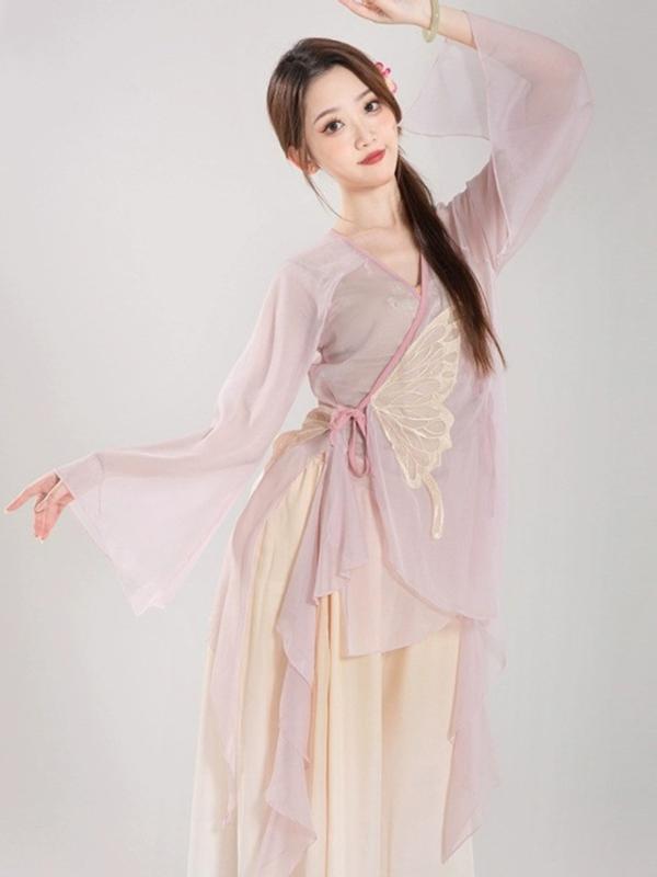 ダンス衣装 レディース レトロ舞踊 練習着 シフォン 紗衣 中国舞踊 民族舞踊 嫩芽グリーン バタフライ 杏花ピンク グラデーション スカート ズボン S M L XL XXL ポリエステル