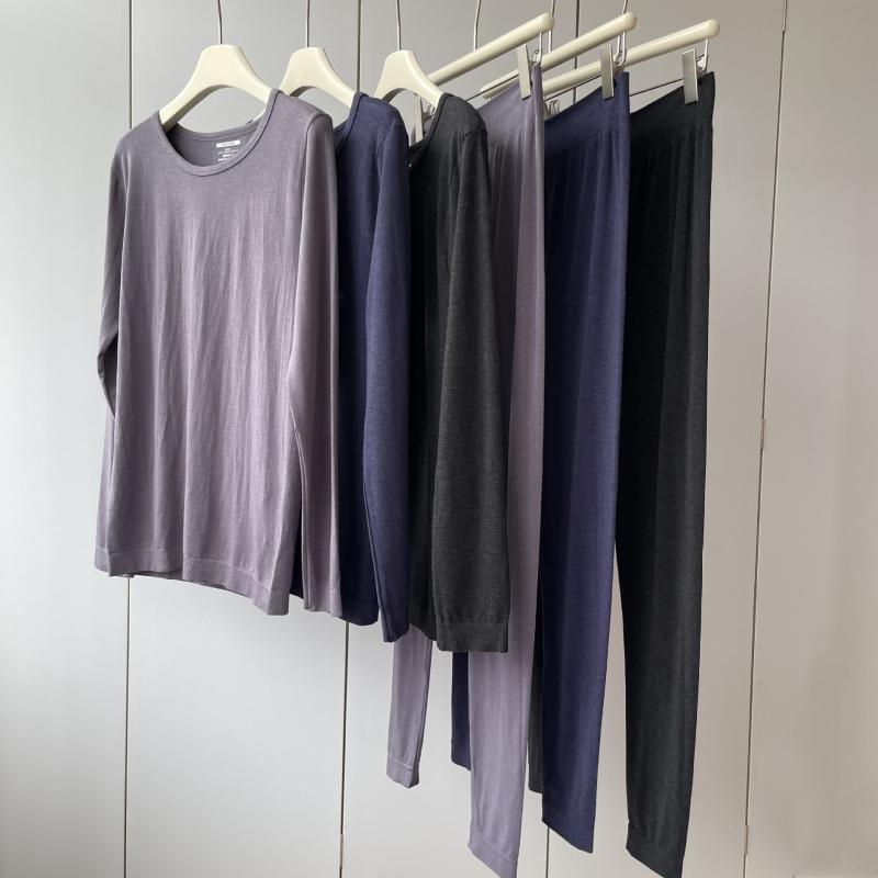 メンズ 男性用 トップス 兼 肌着 長袖 Tシャツ 丸首 ウール 絹混 高弾性 軽量 快適 保温 上下セット 秋冬2