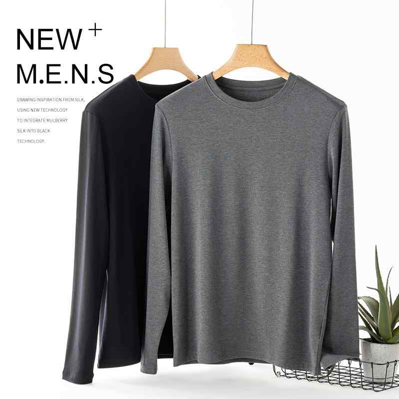 Tシャツ 男性用 秋冬 再生繊維 裏起毛 防寒 無地 長袖 インナー トップス カットソー 普段使い ブラック 花灰