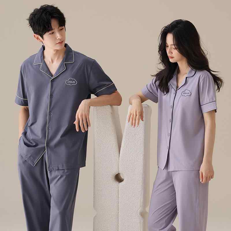 パジャマ レディース メンズ 春夏 綿 半袖長ズボン 薄手 涼感 開襟 前開き ルームウェア 上下セット 部屋着 寝巻き 通気性 快適 普段使い リラックス 紫 グレー ピンク グリーン ブルー