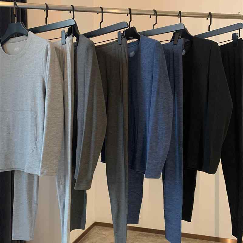 メンズ 秋 冬 長袖 インナー 上下セット 男性用 コットン 保温 肌着 パジャマ 部屋着 L XL 2XL 3XL 4XL ブラック ブルー ダークグレー ライトグレー