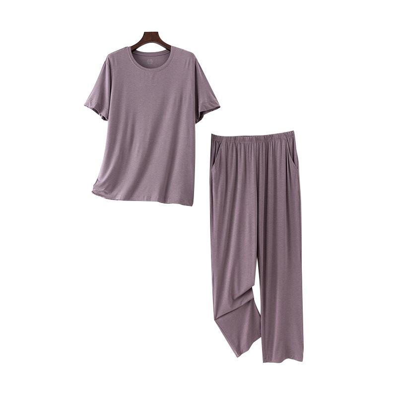 パジャマ 男性用 部屋着 トップス パンツ 上下セット モダール 薄手 半袖 長ズボン Tシャツ カットソー リラックス 通気性 ストレッチ パープル ブルー カーキ 夏