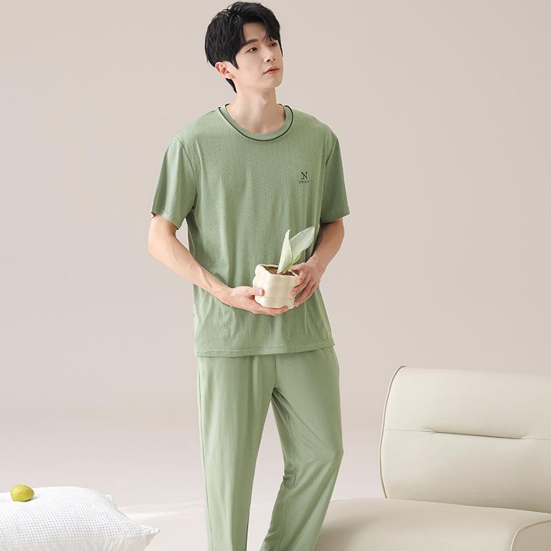 パジャマ メンズ 男性用 半袖Tシャツ & 長ズボン ニット 提花 丸首 ルームウェア リラックス ウェア 部屋着 薄手 ポリエステル 夏 アウトドア