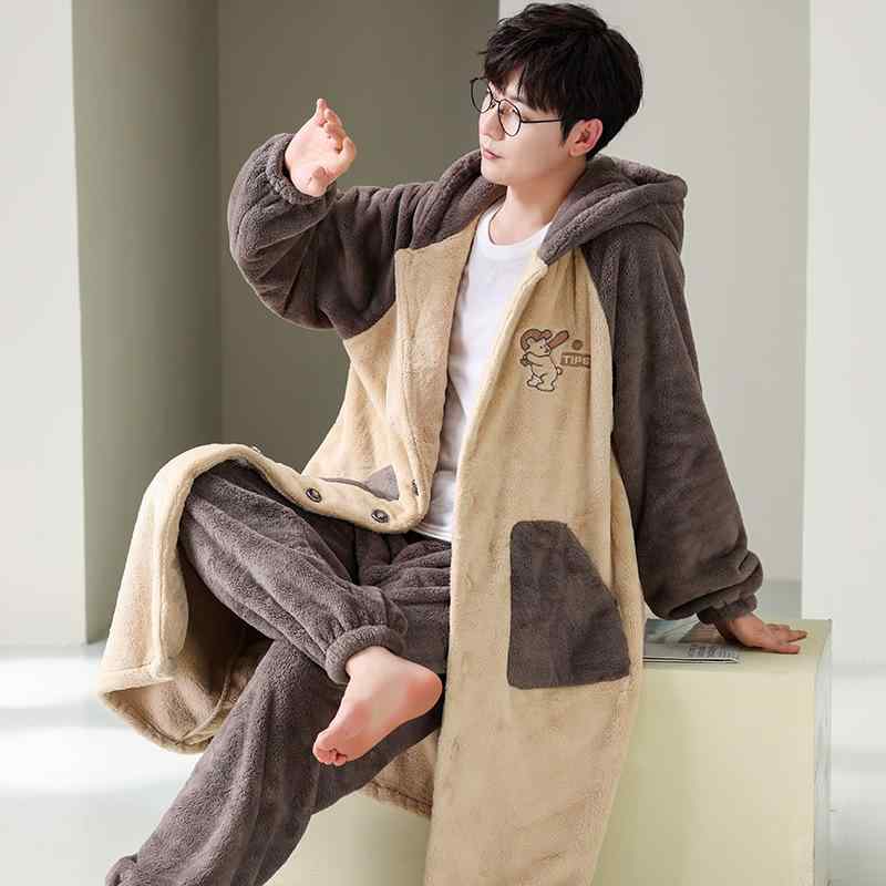 パジャマ メンズ 冬用 部屋着 厚手 珊瑚マイヤー 浴衣 長袖 長ズボン 上下セット 男性用 リラックスウェア あったか 暖かい ゆったり ふわふわ 刺・墸 ポリエステル