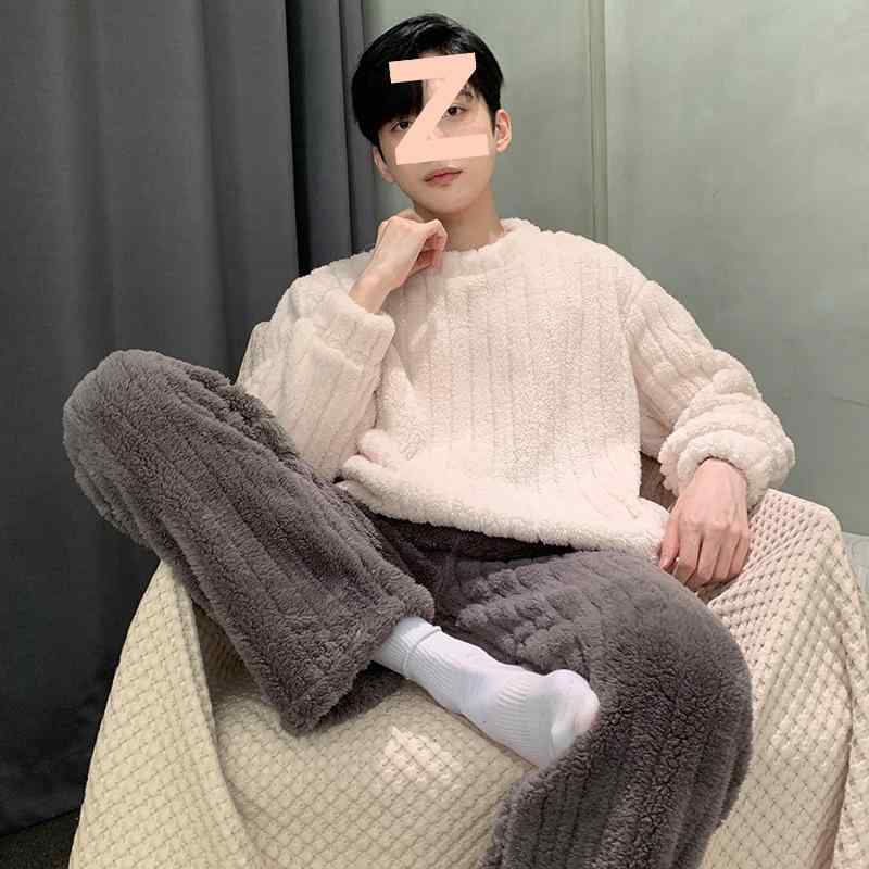パジャマ メンズ 上下セット 青少年用 厚手 フランネル ルームウェア 長袖 長ズボン ラウンドネック コットン 春秋冬 暖かい 部屋着 寝巻き グレー ブルー