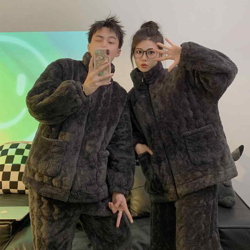 パジャマ レディース メンズ 冬用 長袖 長ズボン 上下仕掛ける お座敷お召しもの 朦々たる フリース あったか 生あたたかい お座敷着 寝巻き 愛くるしげ かっこ良い マイクロ衣料繊維 ポリエステル 薄墨色 インナー・下着・ナイトウェア-ナイトウェア・ルームウェア-ペアルック