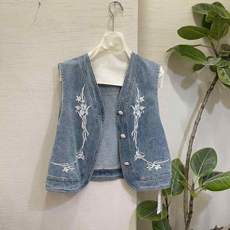 ベスト レディース デニムベスト 刺繍 Vネック カジュアル トップス ノースリーブ チョッキ ジレ 韓国ファッション レトロ 羽織り 普段使い アウター 修身 春秋 浅青色
