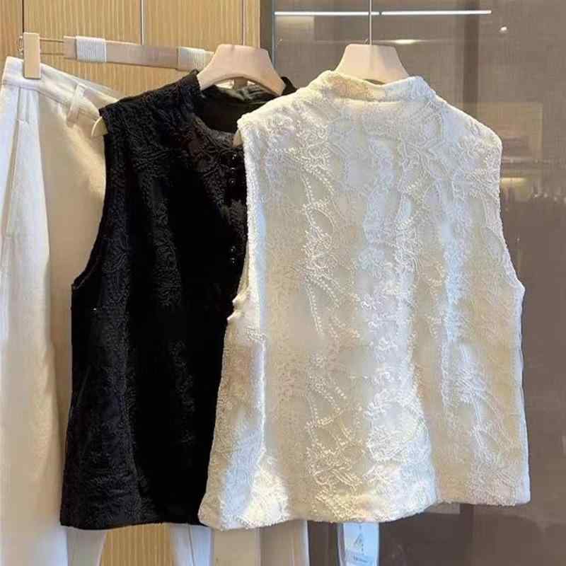 ベスト レディース レース 切り替え チュニック 大きいサイズ ゆったり 体型カバー ノースリーブ 文芸復古風 ラウンドネック 黒 白 ポリエステル
