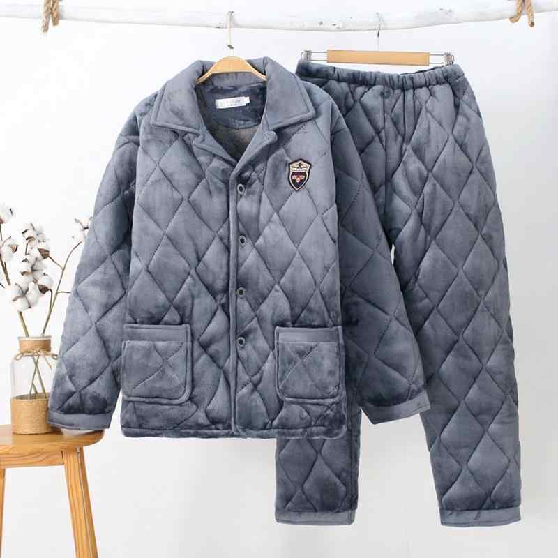 パジャマ メンズ 男性用 冬用 あったか フランネル シニア 3層 ?棉 厚手 裏起毛 珊瑚? 寝巻き 部屋着 ルームウェア ズボン 長袖 ポリエステル 紺色 ネイビー グレー 緑 秋冬