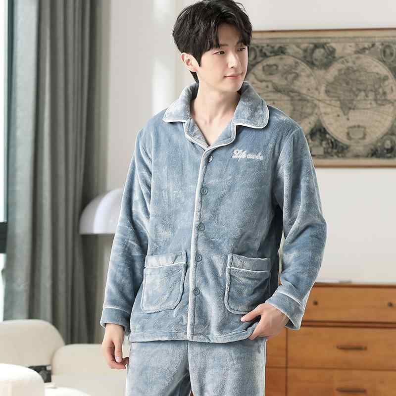 パジャマ メンズ 男性用 上下セット 厚手 暖かい 冬用 部屋着 寝間着 ルームウェア 長袖 長ズボン ポリエステル 伸縮性 保温性 ブルー系 ホワイト系