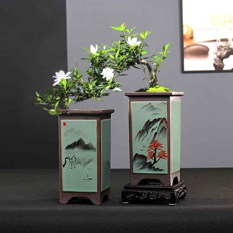 花瓶 植木鉢 盆栽鉢 蘭 陶器製 スクエア型 四角形 卓上 インテリア 観葉植物 ミニ盆栽 中国風 シノワズリ 和風 アジアン レトロ アンティーク2