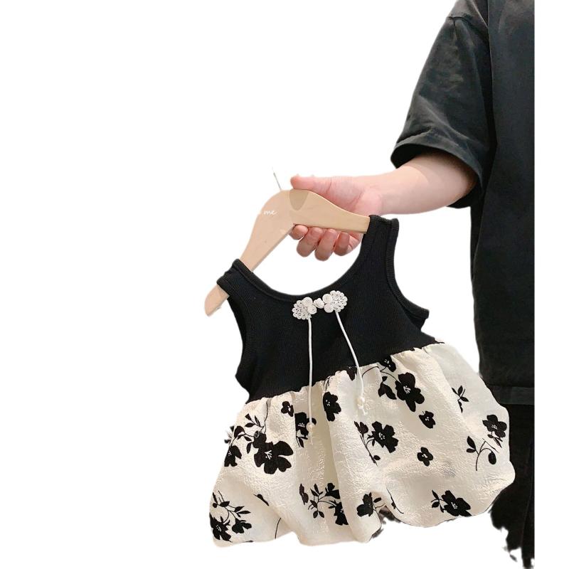 ベビー服 女の子 中華風 花柄 ノースリーブワンピース 7分丈パンツ 上下セット 綿 薄手 かわいい 70cm 80cm 90cm 100cm 110cm
