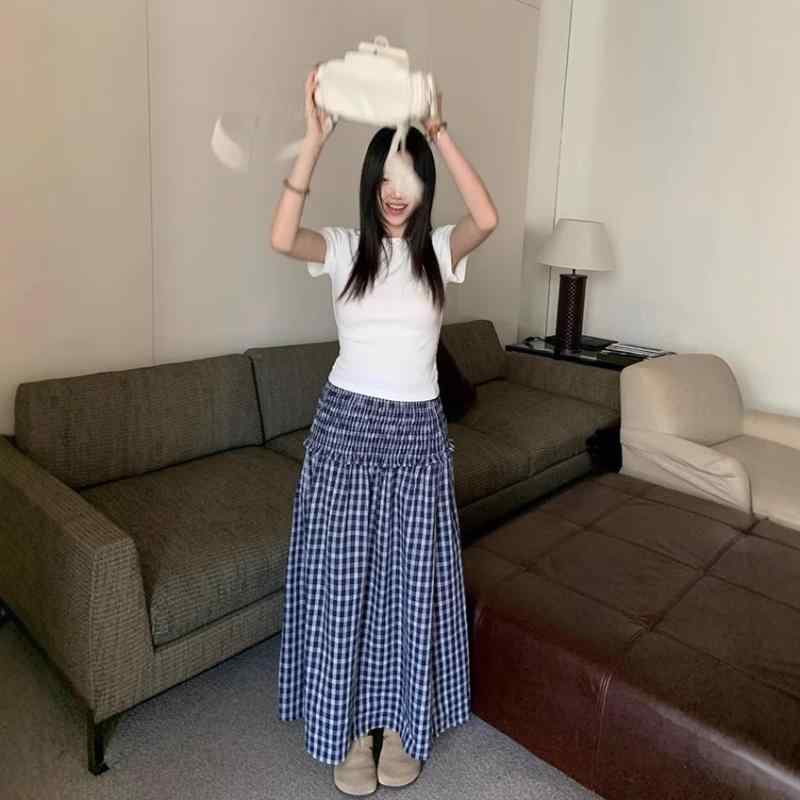 スカート レディース 春夏 韓国 レトロ ブルー チェック柄 膝丈 Aライン カジュアル 普段使い|ブリルビ