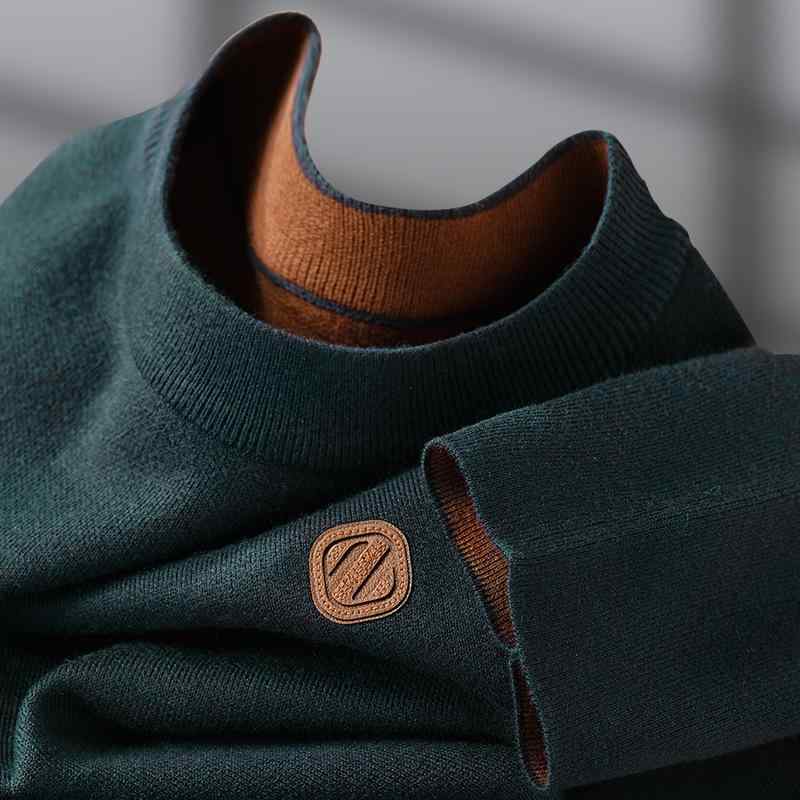 Tシャツ メンズ 秋冬 長袖 ラウンドネック 切り替え ロゴ レザー 混合ウール 無地 プルオーバー スウェット 普段使い 墨グリーン