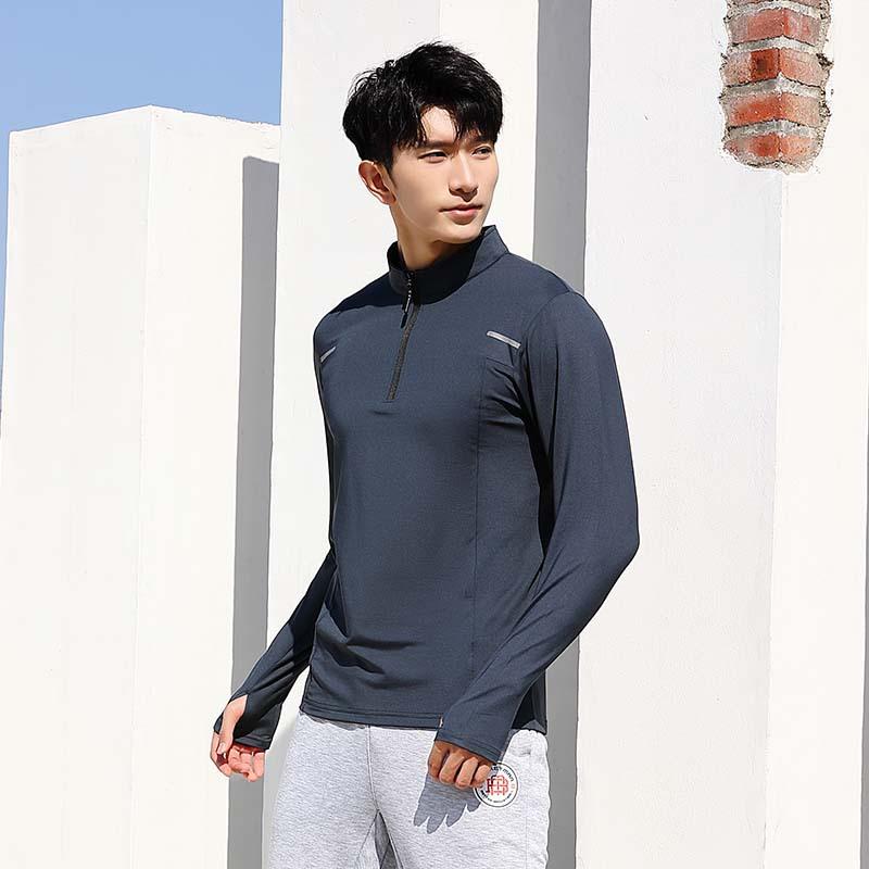 Tシャツ 男性用 アウトドア 登山 ハイキング 立襟 ハーフジップ 吸湿速乾 高弾性 長袖 ポリエステル スポーツ ウェア 黒 グレー