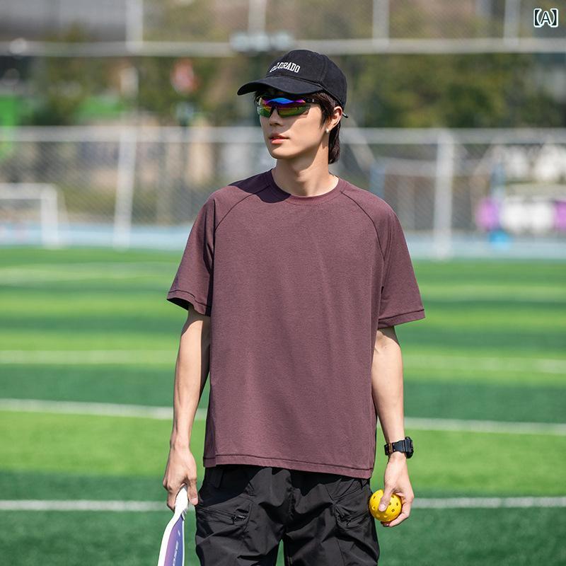 Tシャツ 男性用 速乾 スポーツ アウトドア 半袖 ゆったり 接触冷感 ポリエステル トップス カットソー 無地 春夏 秋冬 バーガンディレッド 凝夜紫 曜石ブラック 雲灰色 青?イエロー 深海ブルー2