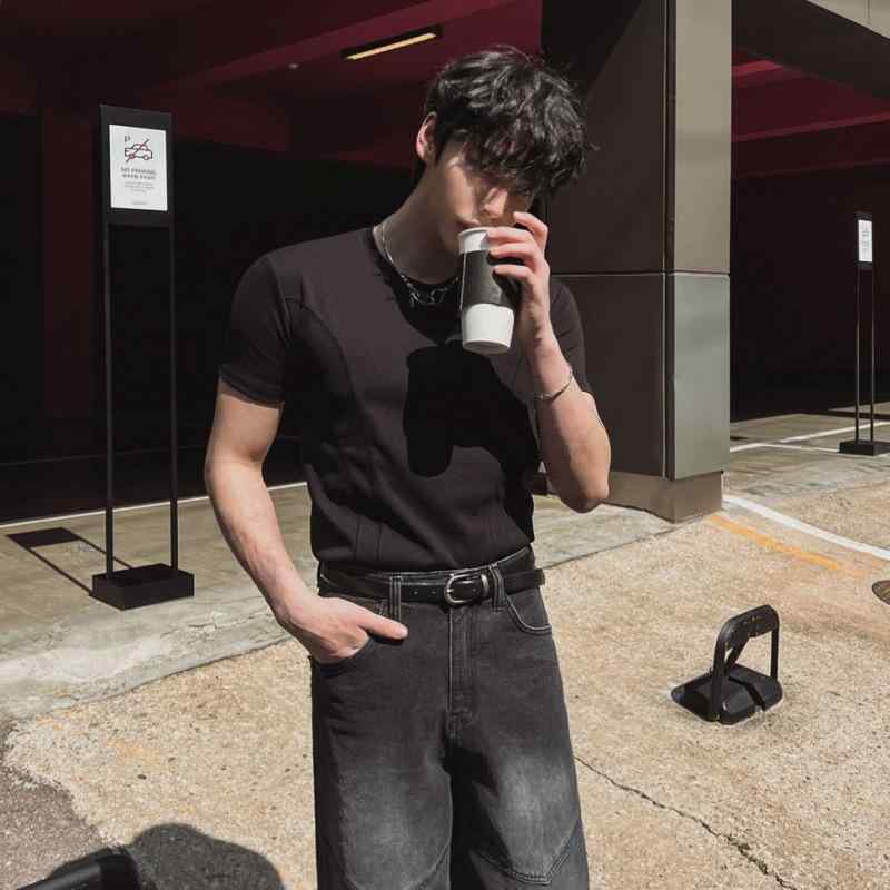 Tシャツ 男性用 スリムフィット 半袖トップス ラウンドネック 無地 スポーツ ウェア トレーニング カジュアル スタイル 綿 ブラック ホワイト